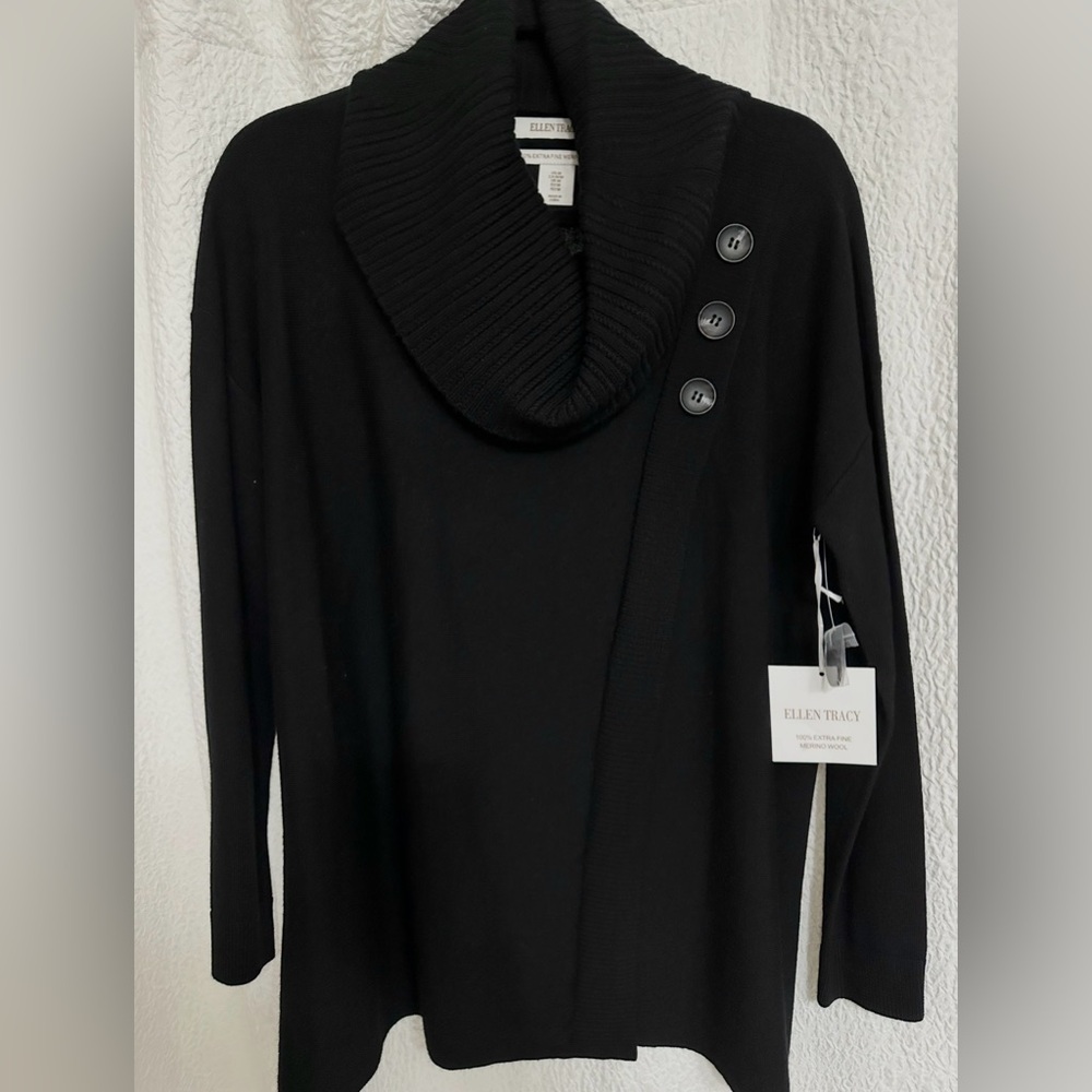 Ellen Tracy 100% Extra Fine Merino Wool Black Cowl Neck Sweater NWT Size M